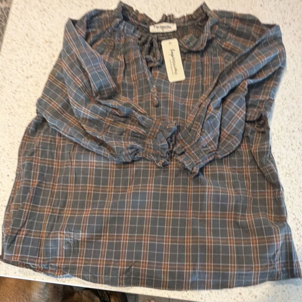 Impressions Gray Orange White Plaid Cotton Smocked Tie Neck Blouse Long Sleeve M